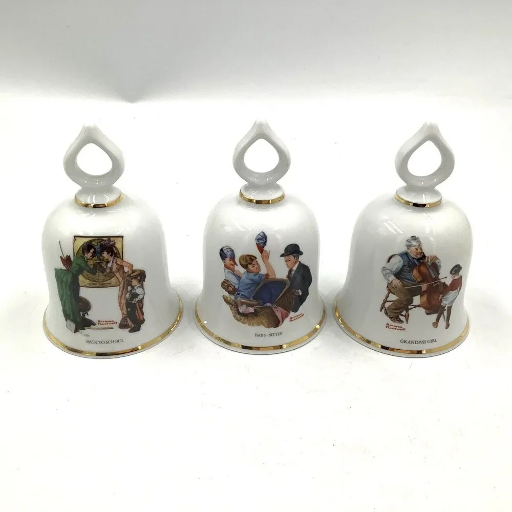 3 Bell Norman Rockwell Danbury Mint 1979 Bell Grandpas Girl Baby Sitter School